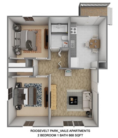 Floor plan for 2 beds, 1 bath, 668 sqft